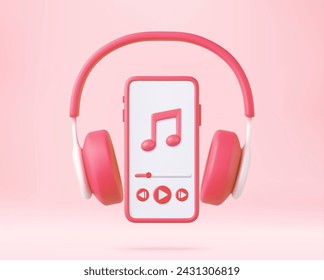 Auriculares 3d y Smartphone. escuchar música a través de la aplicación. Concepto de música en línea, radio, escuchar podcasts, libros a todo volumen. renderizado 3d. Ilustración de vector