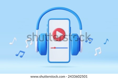 3d Headphones and Smartphone, Melody note. listening to music through the app. Concept for online music, radio, listening to podcasts, books at full volume. 3d rendering. Vector illustration