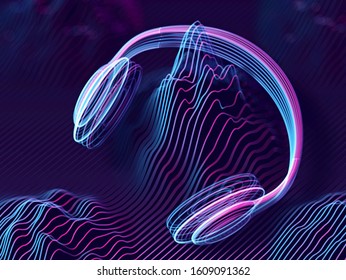 3D headphones with sound waves on dark background. Abstract visualization of digital sound and cyber space. Concept of electronic music listening. Digital audio equipment. EPS 10 vector illustration.