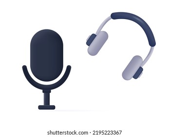 3d headset, headphone with microphone icon. Equipment and accessories for remote communication, podcast, vlog or stream. Hotline or support service concept. Audio with earphone. Vector illustration 
