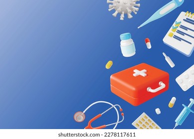 3d Health Care Concept with Medical Supplies Background Card Plasticine Cartoon Style on a Blue. Vector illustration