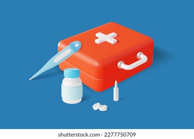 3 d Concepto de atención de la salud Elementos de estilo de caricaturas plasticinas incluyen el kit de primeros auxilios rojos con suministros médicos. Ilustración del vector