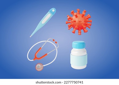 3d Health Care Concept Plasticine Cartoon Style Elements Include of Virus Cell, Plastic Medicine Bottle and Stethoscope. Vector illustration