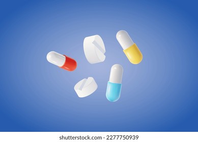 3d Health Care Concept Plasticine Cartoon Style Different Pills and Capsule on a Blue. Vector illustration