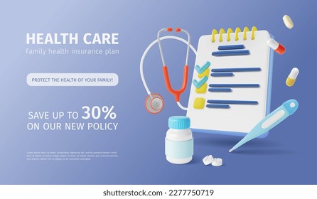 3d Health Care Family Insurance Policy Ads Banner Concept Poster Card Plasticine Cartoon Style. Vector illustration