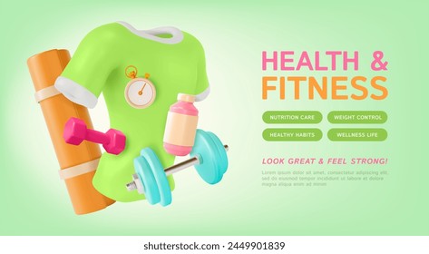 3d Health and Fitness Ads Banner Concept Poster Card Vitamin Protein Supplement Container, Dumbbell and Yoga Mat. Vector illustration of Training Equipment