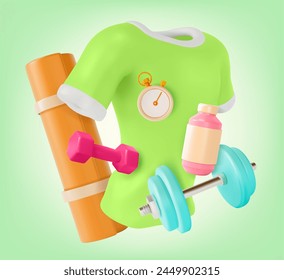 3d Health and Fitness Concept Background Cartoon Design Style Vitamin Protein Supplement Container, Dumbbell and Yoga Mat. Vector illustration of Floating Objects