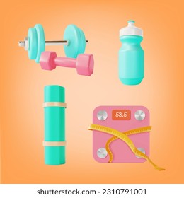 3d Health and Fitness Concept Cartoon Style Elements Include of Bathroom Weight Scale, Dumbbell and Water Bottle. Vector illustration