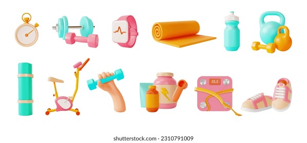 3d Health and Fitness Concept Cartoon Style Elements Include of Stopwatch and Hand Holding Dumbbell. Vector illustration - Shutterstock ID 2310791009