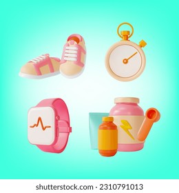 3d Health and Fitness Concept Cartoon Style Elements Include of Vitamin Protein Supplement Container, Bottle and Spoon. Vector illustration