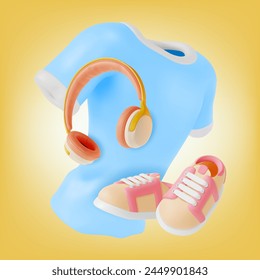 3d Health and Fitness Equipment Concept Background Cartoon Design Style Shirt, Shoes Pair and Headphones. Vector illustration