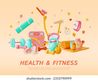 3d Health and Fitness Products Ads Banner Training Gym Concept Poster Card Cartoon Style. Vector illustration - Shutterstock ID 2310790999