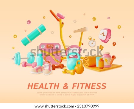 3d Health and Fitness Products Ads Banner Training Gym Concept Poster Card Cartoon Style. Vector illustration