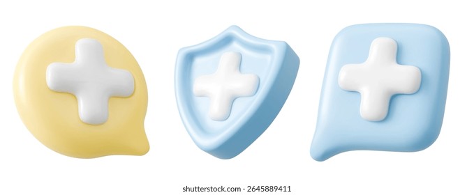 3D health icons collection - white plus symbols on yellow speech bubble, blue shield and rounded square speak cloud for medical apps, healthcare websites, hospital branding or pharmacy design.