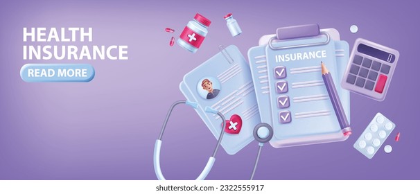 3D health insurance banner, family hospital vector healthcare safety polis concept, clipboard, bills. Patient personal medical profile, finance document, drugs pharmacy prescription. Health insurance