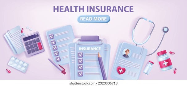 3D health insurance banner, vector family hospital healthcare safety polis concept, clipboard, bills. Patient personal medical profile, finance document, drugs pharmacy prescription. Health insurance