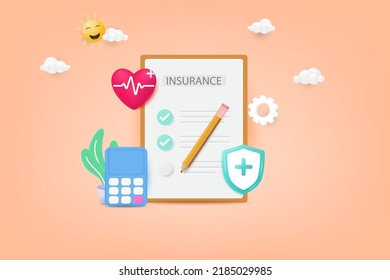 3d Health insurance concept. Health Insurance documents, calculators, red heart, shields and crosses icon. 3d vector illustration.