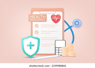 3d Health insurance concept. Medical insurance, Health Insurance, documents, calculators, red heart, shields, and crosses icon. 3d vector illustration.