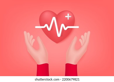 3d Concepto de seguro de enfermedad. Seguro médico. Mano sosteniendo un corazón rojo. El concepto de caridad, seguro de salud, amor y día internacional de la cardiología. Ilustración vectorial 3d.