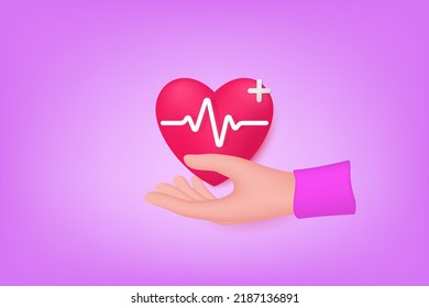 3d concepto de seguro de salud con dos manos humanas, corazón rojo, latido cardíaco y cruz. Ilustración vectorial 3d.