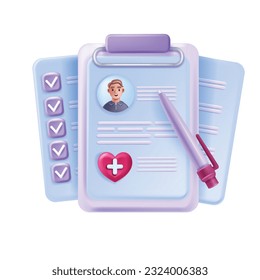 3D health insurance hospital vector concept family healthcare polis patient medical card profile. Clipboard, medic document drug prescription, avatar, clinic treatment information. Health insurance