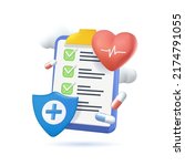 3D Health insurance icon concept. Life insurance, family health care protection. Big clipboard with document checklist. Healthcare, finance and medical service. Isolated vector illustration 3D cartoon
