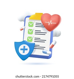 3D Health insurance icon concept. Life insurance, family health care protection. Big clipboard with document checklist. Healthcare, finance and medical service. Isolated vector illustration 3D cartoon - Shutterstock ID 2174791055