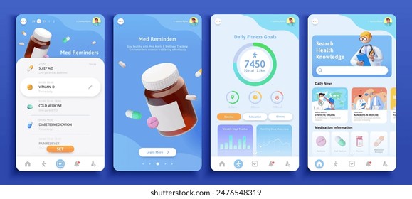 3D health tracker app interface with fitness and healthcare details isolated on blue background