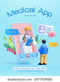 3D Healthcare App Poster mit Patient Consulting Doctor über Smartphone auf hellblauem Hintergrund