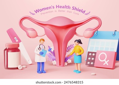 3D healthcare banner with medical and female reproductive system mock ups on light pink background