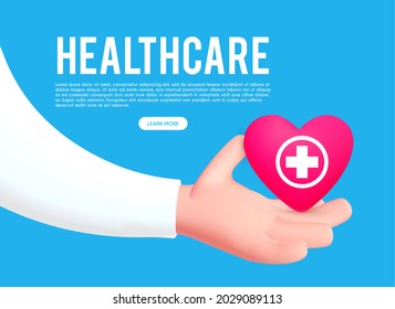 3D healthcare 3D concept with cartoon doctor hand and heart. Medical design template