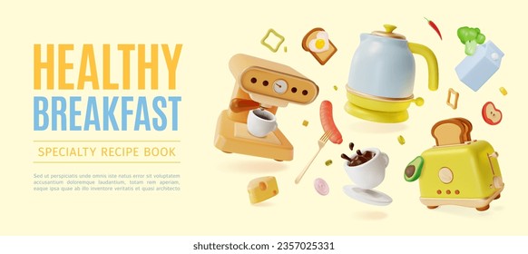 3d Healthy Breakfast Specialty Recipe Book Concept Placard Poster Banner Card Template Cartoon Style. Vector illustration