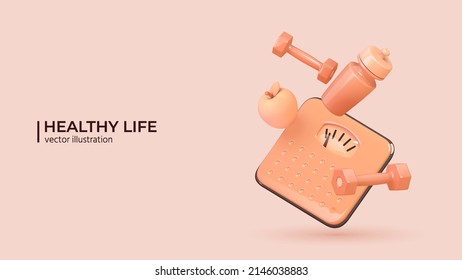 3D Healthy lyfe concept. 3d render of glossy dumbbells, scales and water bottle on pink background. Vector illustration