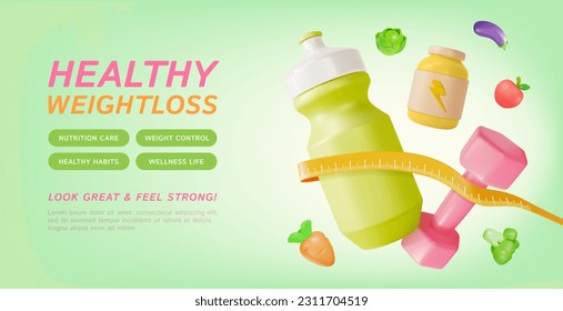 3d Healthy Weightloss Nutrition Care and Weight Control Ads Banner Concept Poster Card Cartoon Style. Vector illustration