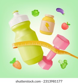 3d Healthy Weightloss Nutrition Care and Weight Control Concept Background Cartoon Style. Vector illustration