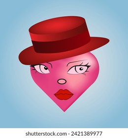 3d heart in abstract style on a blue background. Heart in a hat with eyes and lips. Romantic background. Vector illustration design