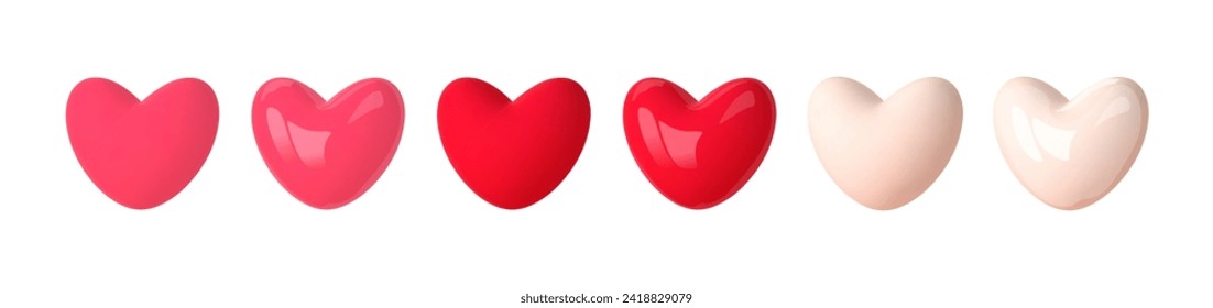 3d heart balloon icon. Set red, pink, white realistic hearts for romantic Valentine day card design. Cartoon vector illustration