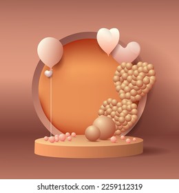 3D heart with baloons floating podium products background 14 feb