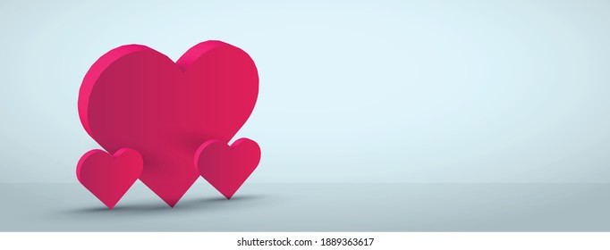 3D Heart Banner. Heart Banner. Valentine's day abstract Facebook and twitter cover banner with 3d hearts. Heart banner design in pink gradient color. Three Hearts. 