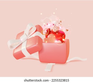 3d Heart Box Valentines Day Concept Plasticine Cartoon Style. Vector illustration of Surprise or Romance Party Symbol