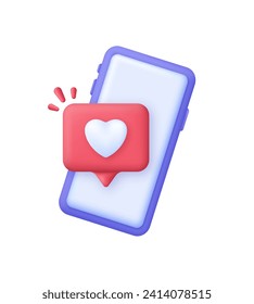 3D Heart bubble message on Phone. Mobile phone with heart and love emoji icon. Social media concept. Trendy and modern vector in 3d style