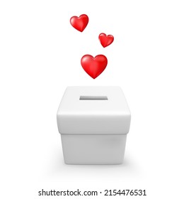 3D heart and cartoon white donation box. Donation and charity concept. Vector illustration