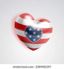 3D heart in the colors of the USA flag with glares and shadow on white basckground