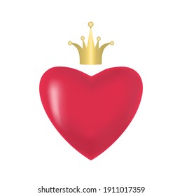 3d heart with crown on white. Greeting banner. Vector illustration.