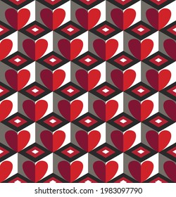  3d heart cube seamless pattern. Vector illustration.