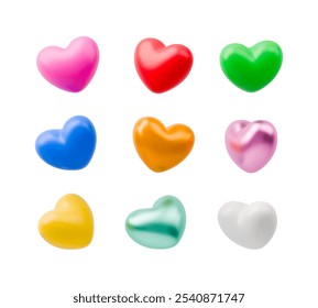 Corazón 3D en diferente color. Vector Símbolo del día de San Valentín en vista diferente. Símbolo romántico realista frente y otros ángulos. Iconos del amor del Vector aislados en un fondo blanco. Concepto de amor