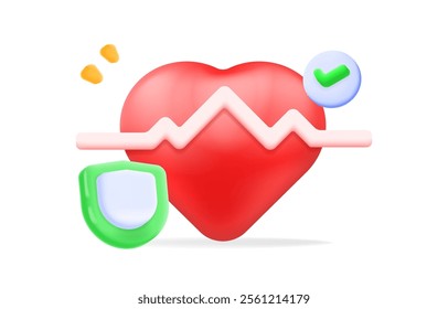 3D heart with an ECG line, shield, and green checkmark. health monitoring, fitness apps, medical safety, and wellness, vector illustration