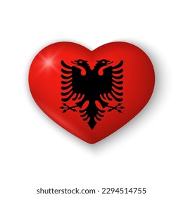 3d heart with flag of Albania. Glossy realistic vector element on white background with shadow underneath. Best for mobile apps, UI and web design. EPS 10.