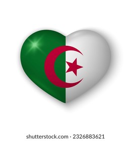3d heart with flag of Algeria. Glossy realistic vector element on white background with shadow underneath. Best for mobile apps, UI and web design. EPS 10.