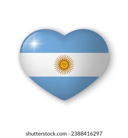 3d heart with flag of Argentina. Realistic vector element on white background with shadow underneath. Best for mobile apps, UI and web design.